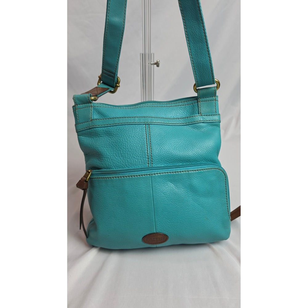 Fossil Morgan Traveler Crossbody Bag Turquoise Pebbled Leather Organizer Purse